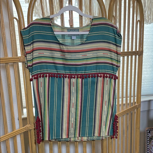 Silver Jeans Tops - Silverado Striped Multicolor Top with Pom Pom Trim